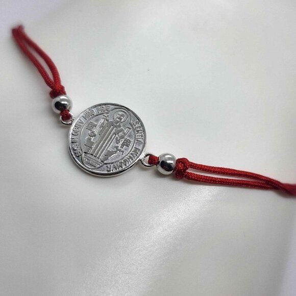 NEW Sterling Silver 925 Saint Benedict Design With Red String Bracelet - Picture 2 of 3